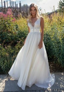 Style #14020, Chiffon sheath wedding dress with plunging neckline; available in ivory