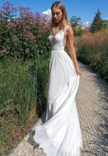 Style #14020, Chiffon sheath wedding dress with plunging neckline; available in ivory