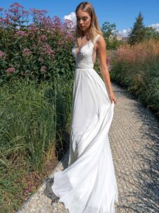 Chiffon sheath wedding dress with plunging neckline