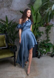 Style #701, short cocktail dress with asymmetrical skirt and ruffles; available in steel-dark blue, steel-pink