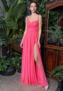 Style #702, chiffon sheath evening gown with draped bodice and beaded straps; available in green, mint, yellow, dusty- turquoise, watermelon, light-green, cornflower, berry, grey-blue, ivory, white