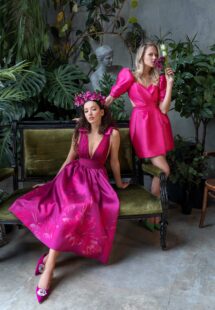 Style #706a, A-line floral print cocktail dress with V-neck draped bodice and bow accents; Style #712a, tea-length cocktail dress with puff sleeves and open back