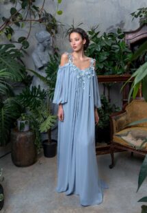 Style #708, chiffon maxi dress with off the shoulder sleeves and floral 3D embroidery; available in dusty-turquoise, cherry, purple, grey-blue, cornflower, green, ivory