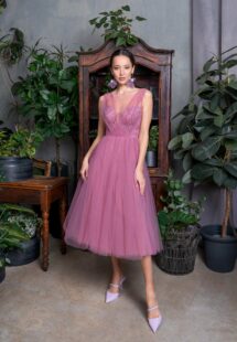 Style #711a, cocktail dress with full tulle skirt and illusion V-neckline; available in midi or maxi length; in pink, powder, cherry, purple, blue, azure, black-powder, watermelon, light-green, ivory