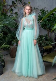 Style #716b, full skirt evening dress with floral V-neck bodice; comes with a detachable long-sleeve tulle overlay blouse; available in midi or maxi length; in cornflower, green-yellow, crimson, powder, blue, pink, cherry, black, ivory