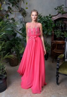 Style #717b, chiffon evening gown with floral illusion neck bodice; available in midi or maxi length; in purple, pink, cherry, blue, powder, light-green, watermelon, ivory