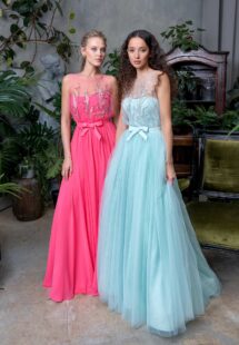 Style #717a, tulle evening dress with floral illusion neck bodice; Style #717b, chiffon evening gown with floral illusion neck bodice