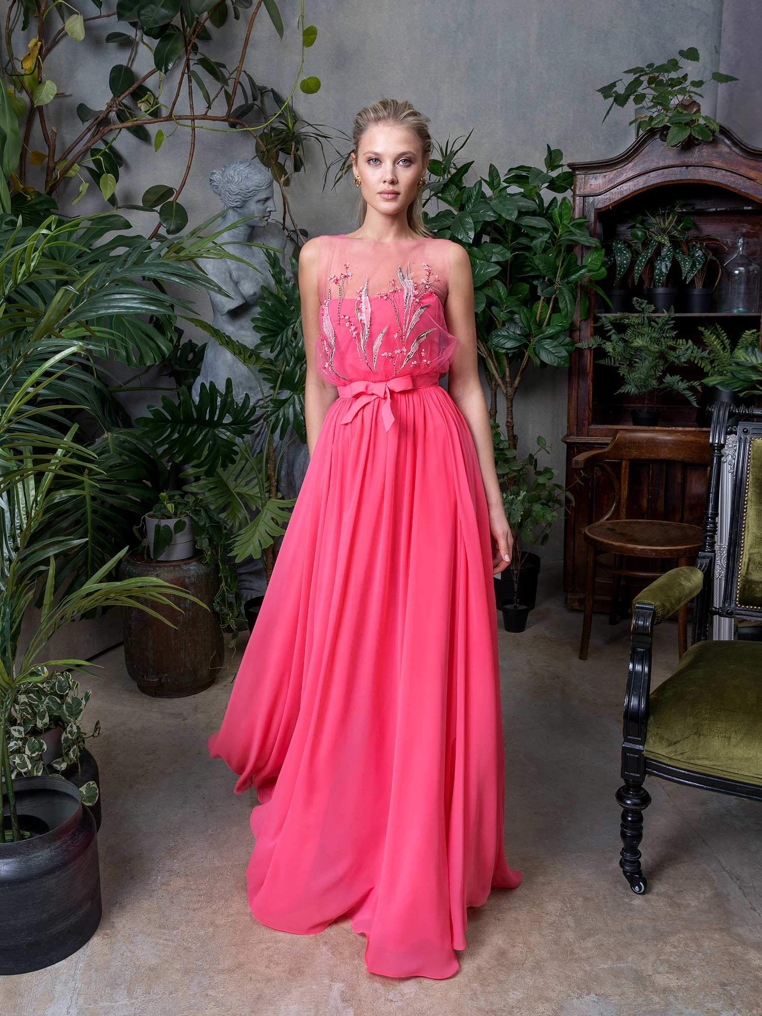 Style #717b, chiffon evening gown with floral illusion neck bodice; available in midi or maxi length; in purple, pink, cherry, blue, powder, light-green, watermelon, ivory