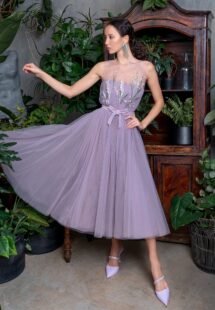 Style #717a, tulle evening dress with floral illusion neck bodice; available in midi or maxi length; in purple, pink, cherry, blue, powder, light-green, watermelon, ivory