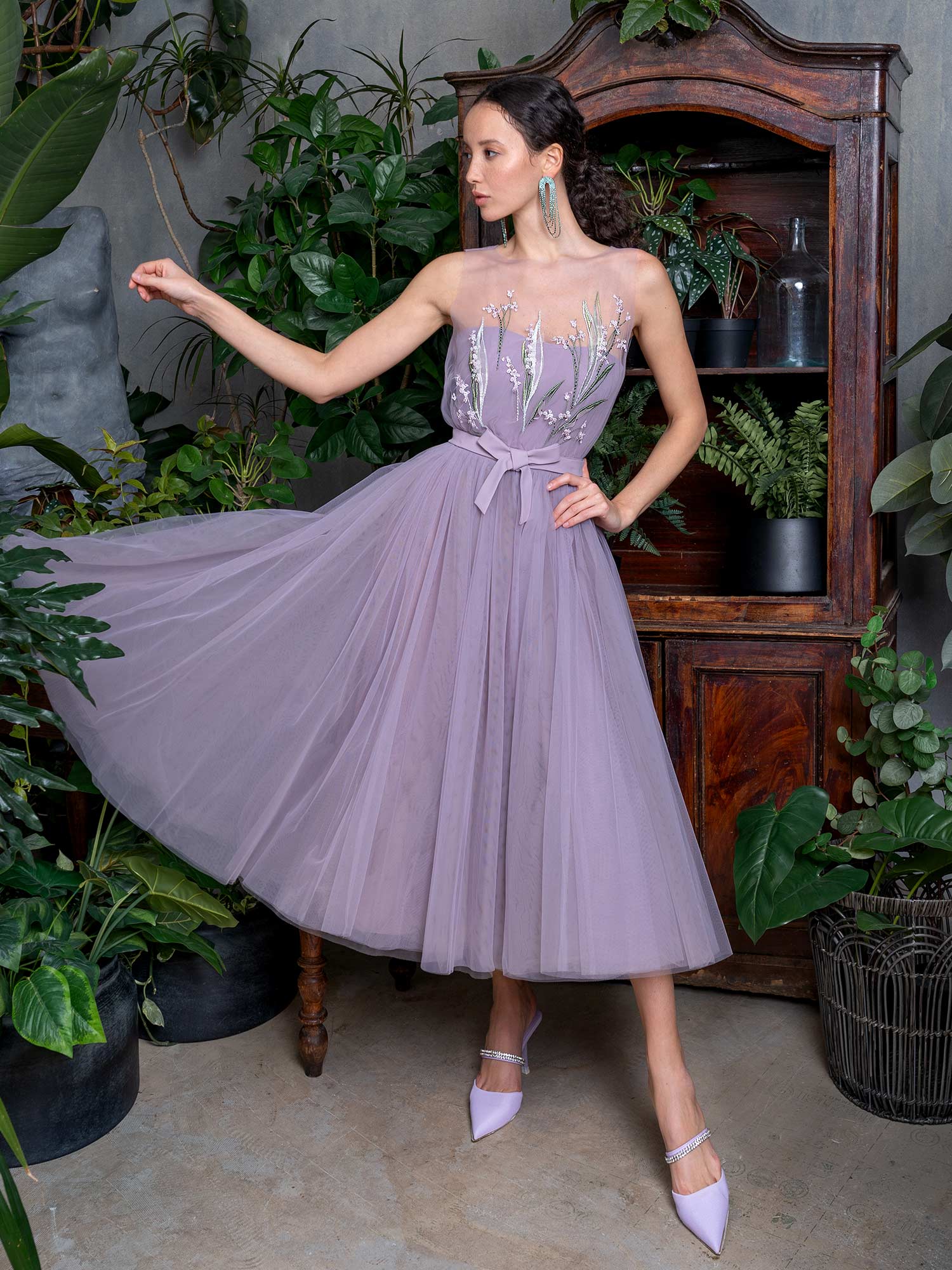 Style #717a, tulle evening dress with floral illusion neck bodice; available in midi or maxi length; in purple, pink, cherry, blue, powder, light-green, watermelon, ivory