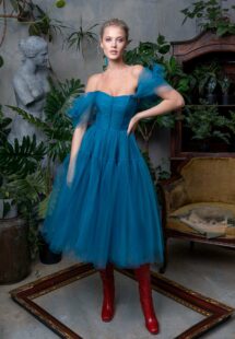 Style #718a, off the shoulder cocktail dress with full tulle skirt; available in midi or maxi length; in sea green, crimson, pink, cherry, blue, powder, black, red, green, turquoise, cornflower, green-yellow, ivory