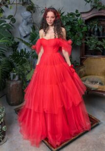 Style #718b, off the shoulder tulle ball gown with tiered skirt; available in midi or maxi length; in sea green, crimson, pink, cherry, blue, powder, black, red, green, turquoise, cornflower, green-yellow ivory