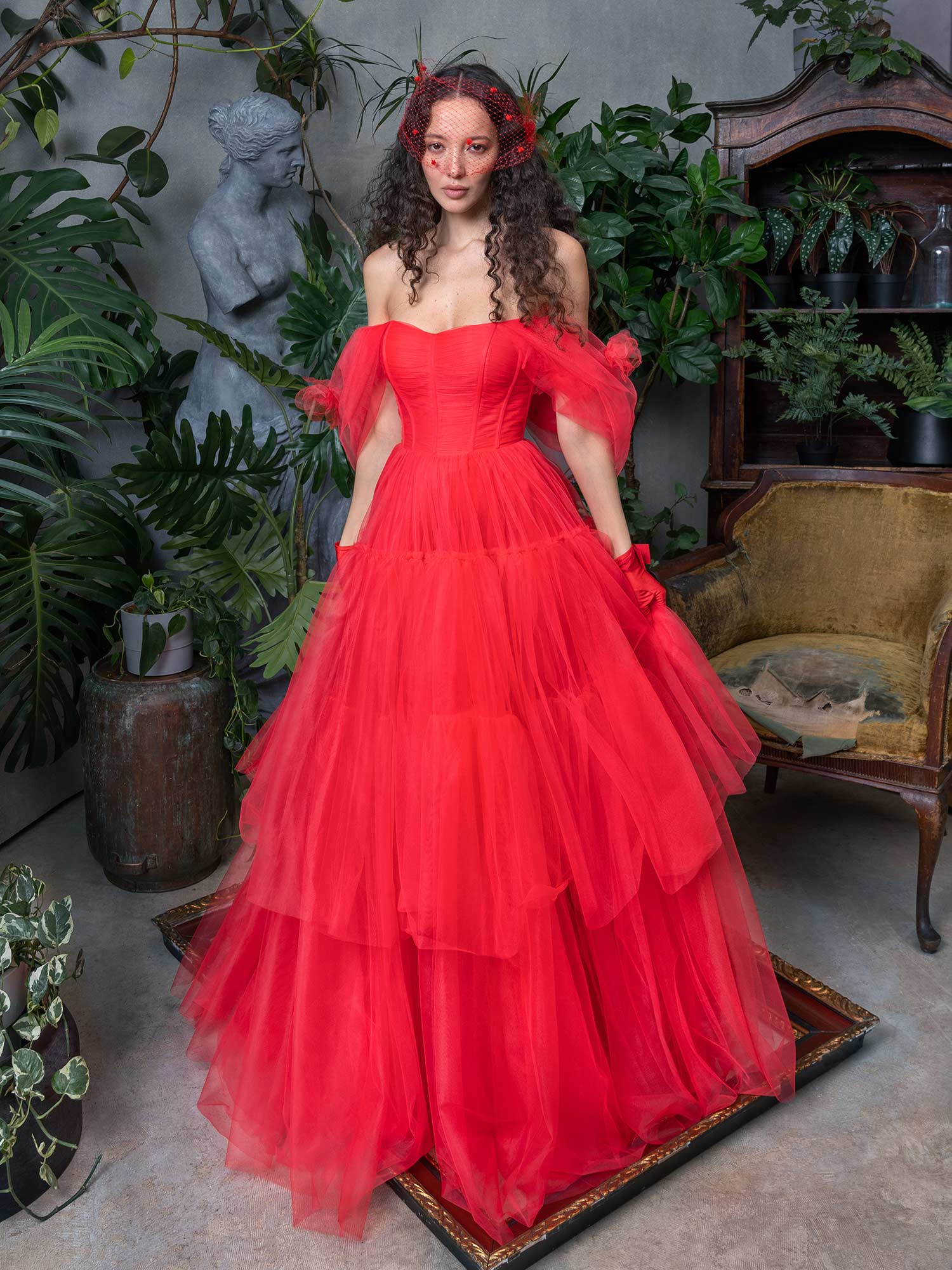 Style #718b, off the shoulder tulle ball gown with tiered skirt; available in midi or maxi length; in sea green, crimson, pink, cherry, blue, powder, black, red, green, turquoise, cornflower, green-yellow ivory