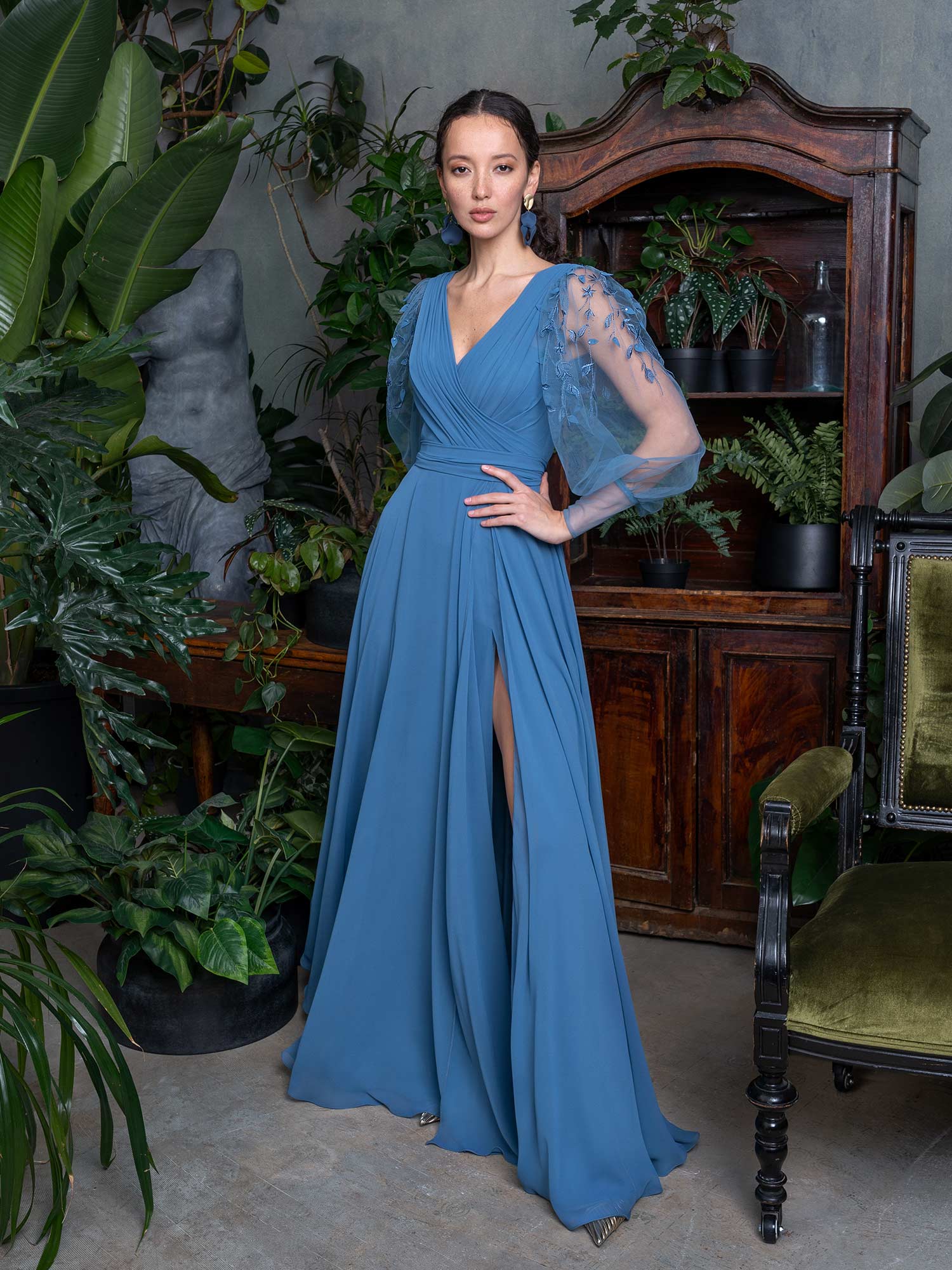 Style #719, V-neck chiffon evening dress with long puffy sleeves and slit skirt; available in azure, cherry, grey-blue, black, purple, powder, pink, watermelon, light-green, ivory