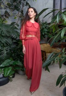 Style #720a, two-piece long sleeve crop top and wide-leg pants set; available in cherry, powder, grey-blue, purple, black