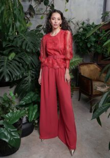 Style #720b, two-piece long sleeve lace blouse and wide-leg pants set; available in cherry, powder, grey-blue, purple, black