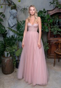 Style #721b, spaghetti strap ball gown with a floral bodice and tulle skirt; available in midi or maxi length; in powder, watermelon, black, purple, cherry, azure, pink, grey-blue, light-pink, ivory