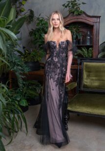Style #723, V-neck fitted evening dress with off the shoulder sleeves and floral embroidery; available in black-powder
