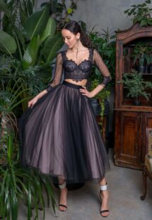 Style #725a, two-piece 3/4 sleeve crop top and midi tulle skirt set; available in blue, black, ivory