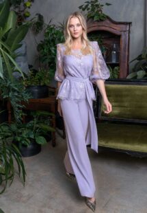 Style #730, two-piece 3/4 sleeve lace blouse and wide-leg pants set; available in midi or maxi length; in purple, blue, cherry, powder, purple, black, ivory