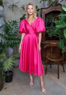 Style #737a, satin A-line cocktail dress with balloon sleeves; available in midi or maxi length; in azalea, steel-pink, steel-dark blue, orange, purple, swamp, coral, ivory