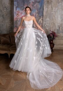 Style #2300L, floral ballgown wedding dress with a straight neckline and spaghetti straps; available in ivory