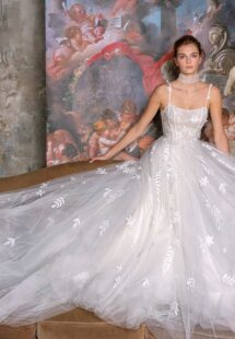 Style #2300L, floral ballgown wedding dress with a straight neckline and spaghetti straps; available in ivory