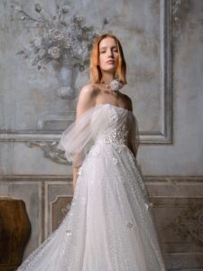 Shimmering tulle ballgown wedding dress with off-the-shoulder straps and floral 3D embroidery