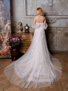 Shimmering tulle ballgown wedding dress with off-the-shoulder straps and floral 3D embroidery