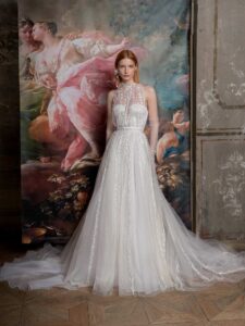 Vertical stripe lace A-line wedding dress with illusion halter neckline over a bustier style corset