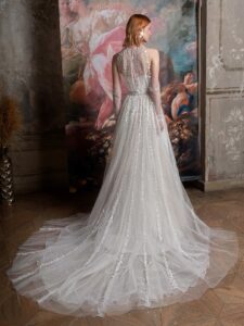 Vertical stripe lace A-line wedding dress with illusion halter neckline over a bustier style corset