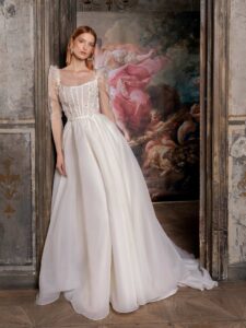 Square neck organza ballgown with puffed long sleeves and floral applique