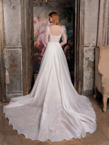 Square neck organza ballgown with puffed long sleeves and floral applique