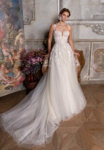 Style #2308L, A-line wedding dress with thick straps, plunging bustier-style bodice and floral applique; available in ivory