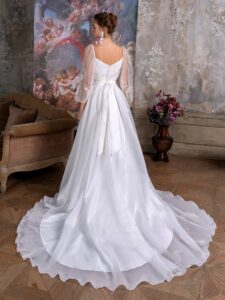 Square neck A-line wedding dress with floral long-sleeve bodice and organza skirt