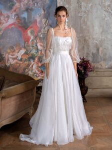 Square neck A-line wedding dress with floral long-sleeve bodice and organza skirt