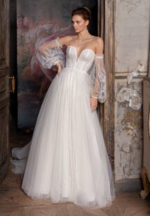 Style #2319L, strapless ballgown wedding dress with plunging V-neckline, floral applique and detachable bishop sleeves; available in ivory
