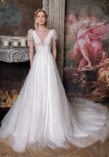 Style #2324L, cap sleeve A-line wedding dress with plunging V-neckline; available in ivory