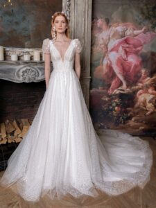 Cap sleeve A-line wedding dress with plunging V-neckline