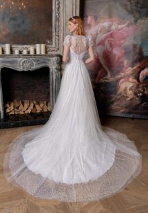 Style #2324L, cap sleeve A-line wedding dress with plunging V-neckline; available in ivory