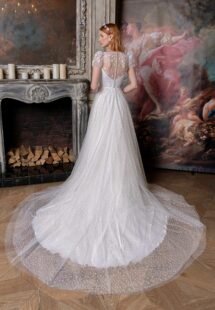 Style #2324L, cap sleeve A-line wedding dress with plunging V-neckline; available in ivory