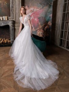 Cap sleeve A-line wedding dress with plunging V-neckline