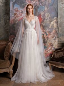 V-neck A-line wedding gown with cape sleeves and floral embroidery