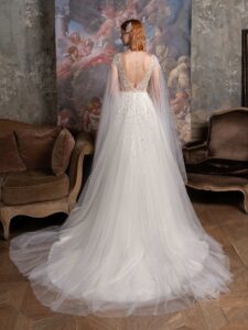 V-neck A-line wedding gown with cape sleeves and floral embroidery