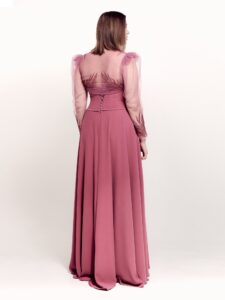Style #739, strapless evening gown with removable long-sleeve bolero; available in lilac, red, lilac-brown or ivory