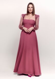 Style #739, strapless evening gown with removable long-sleeve bolero; available in lilac, red, lilac-brown or ivory