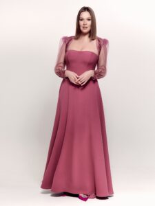 Style #739, strapless evening gown with removable long-sleeve bolero; available in lilac, red, lilac-brown or ivory