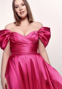 Style #740а, strapless A-line evening dress with off-the-shoulder straps and pleated skirt; available in midi or maxi length; in azalea, steel-dark blue, steel-pink or ivory