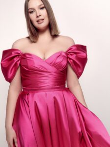 Style #740а, strapless A-line evening dress with off-the-shoulder straps and pleated skirt; available in midi or maxi length; in azalea, steel-dark blue, steel-pink or ivory