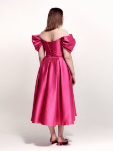 Style #740а, strapless A-line evening dress with off-the-shoulder straps and pleated skirt; available in midi or maxi length; in azalea, steel-dark blue, steel-pink or ivory